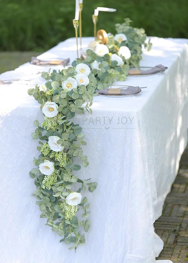 PARTY JOY 2pcs 6.56ft Eucalyptus Garland with Flowers-8 White Roses, Artificial Fake Flowers Greenery Garland Floral Vines for Decoration Party Wedding Table Indoor Outdoor Backdrop Wall Decor(White)