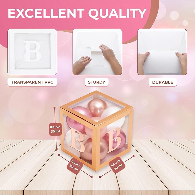 44-Piece Baby Shower Decorations for Boy or Girl - 4 Boxes with Letters and 32 Balloons - Elegant Rose Gold - Gender Reveal Party Supplies - Photo Shoot Backdrop and Nursery Décor