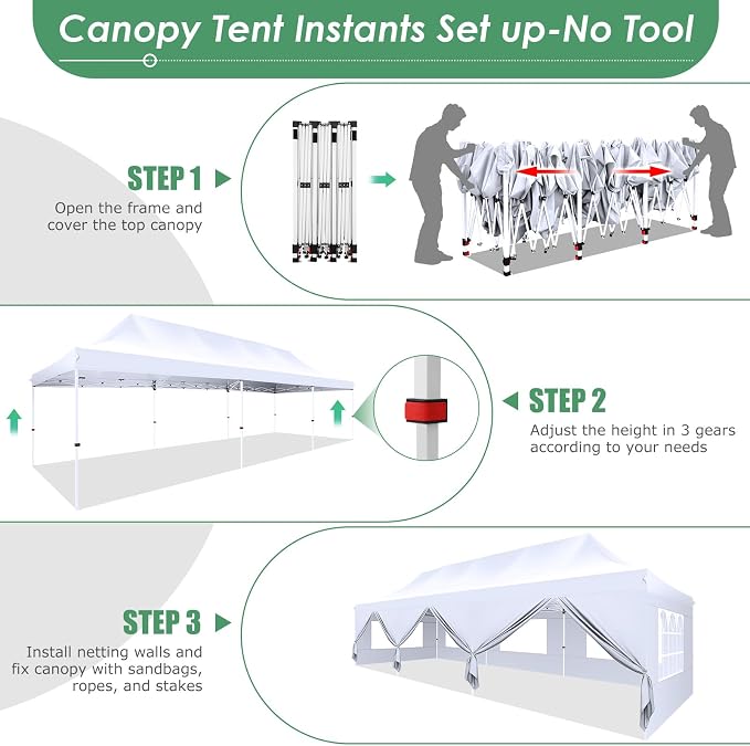 COBIZI 10x30 Pop Up Canopy with 8 Removable Sidewalls Party Tents for Parties Wedding Patio Commercial Waterproof and UV50+ Ez Outdoor Instant Gazebo with Roller Bag & 4 Sandbags（Swan White）