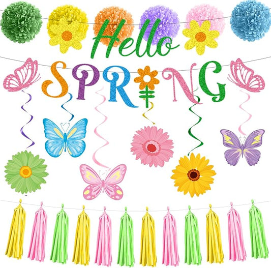 Rakuto Hello Spring Party Decorations, Hello Spring Banners Hanging Swirls Paper Pom Poms and Paper Tassels, Colorful Butterflies Flowers Party Decor