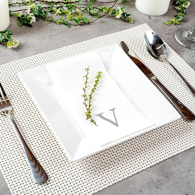 Luxenap 15.8 X 7.9 Inch Linen-Feel Guest Towels, 50 Lettered Hand Towels - Silver Letter 'V', Sans Serif Font, White Paper Dinner Napkins, airlaid, For Restrooms And Tables - Restaurantware