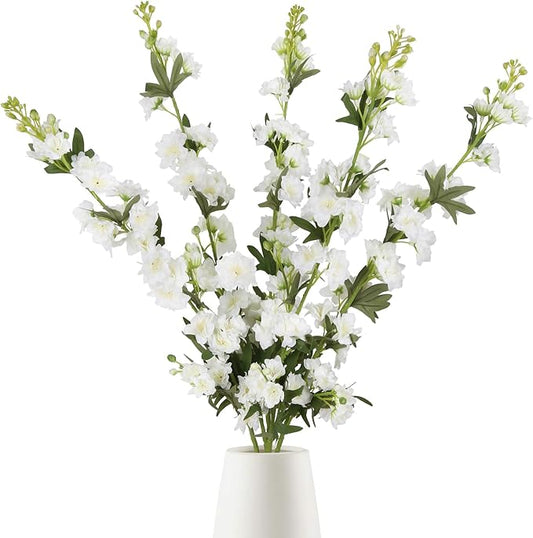 IPOPU White Flower Larkspur Artificial Flowers 5PCS Faux Delphinium Silk for Vase, Decoration, Floral Centerpieces, Wedding Table, Home Decor
