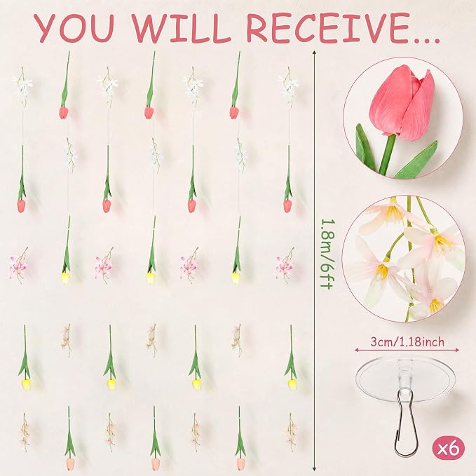 6 Pcs 35.4ft Artificial Tulips Hanging Flower Garlands with Hooks, Spring Faux Tulip and Wildflower Ceiling Vines, Mixed Colors Floral Backdrop for Wedding Party Home Wall Arch Decor