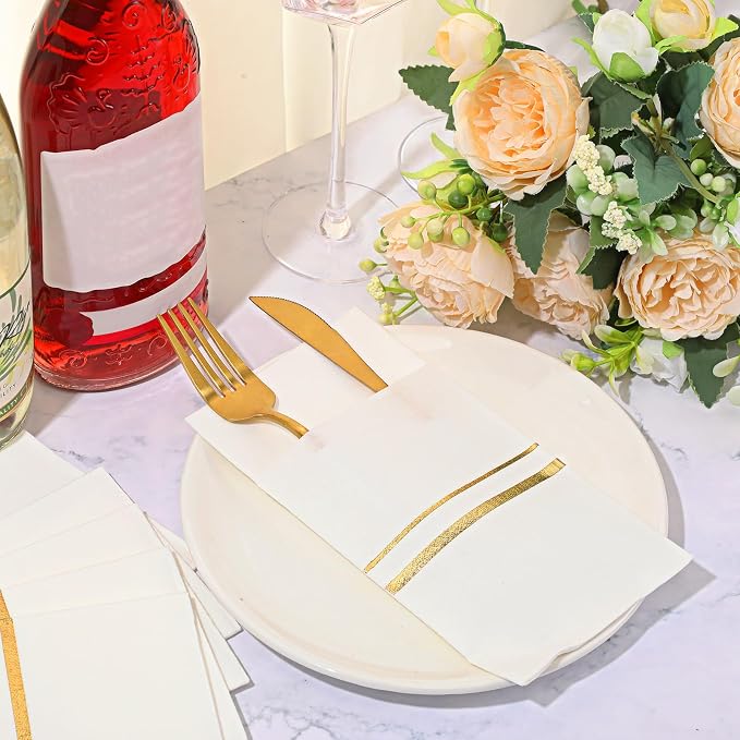 Roshtia 100 Pack Dinner Napkins Disposable Linen Feel Dinner Napkins with Built-in Flatware Pocket Gold Trim Lined Pre Folded Paper for Wedding Party (White,Gold)