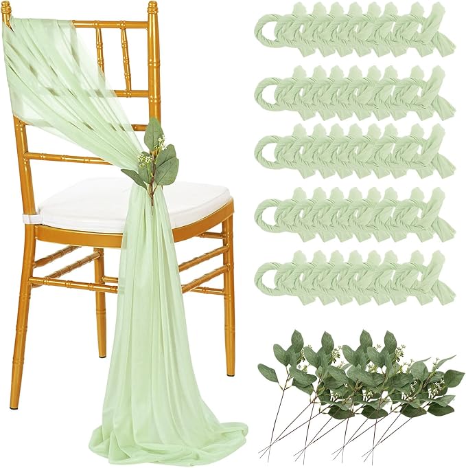 QueenDream Sheer Fabric Wedding Chair Sashes: 36PCS Tulle Church Chair Cover Long Chairs Bows Aisle Drapes Party Decorations Sage Green