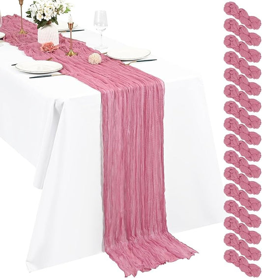 Pesonlook 16 Pack Cheesecloth Table Runner, 13Ft Boho Gauze Table Runner 35×157 Inch Rustic Romantic Long Table Runner for Wedding Party Bridal Shower Thanksgiving Christmas Decoration(Dusty Rose)