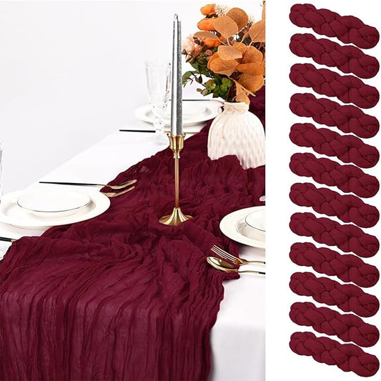 12 Pack Burgundy Cheesecloth Table Runner, 10FT Cheesecloth Rustic Boho Table Runner Long Romantic Semi Sheer Table Runner for Wedding Baby Shower Birthday Bridal Party Decorations(21.5×120 Inch)