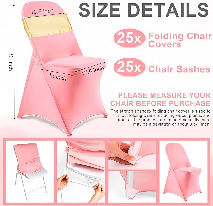 Lounsweer 50 Pcs Folding Chair Cover Set with 25 Stretch Spandex Slipcovers 25 Satin Chair Sashes Bows Ribbon Washable Banquet Protector for Wedding Event Party(Pink, Light Gold)
