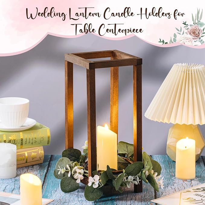 Geelin 12 Set Wooden Wedding Lantern Centerpiece Decor Baptism Lantern Candle Holder for Table Centerpiece Wedding Party Baby Shower Home Country Porch Patio Decor(12.99'',Wood Color)