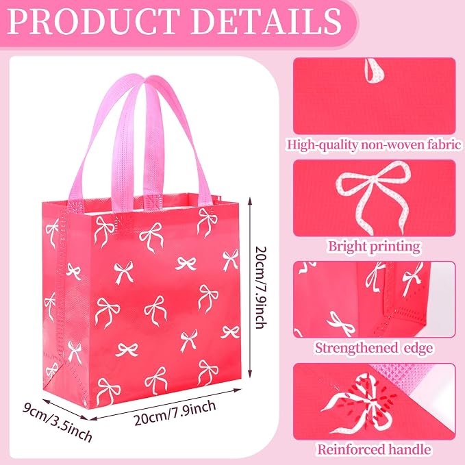 Sweetude 40 Pcs Pink Bow Gift Party Favor Bags with Handle, Non Woven Goodie Bags Birthday Favor for Birthday Baby Shower Packaging Supplies
