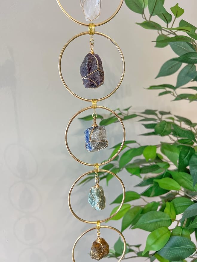 7 Chakra Crystal Hanging Ornament, Unique, Spiritual Boho Wall Decor, Raw Chakra Stones Amethyst Suncatcher, Rose Quartz Healing Crystal (Gold)