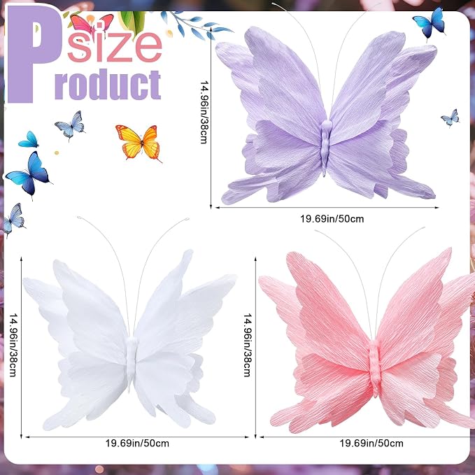 3 Pcs 3D Large Hanging Butterfly Decorations Large Butterfly Birthday Party Decorations 3D Crepe Paper Decoration for Wedding Party Birthday Baby Shower Garden(Purple, Pink, White,20 Inch)