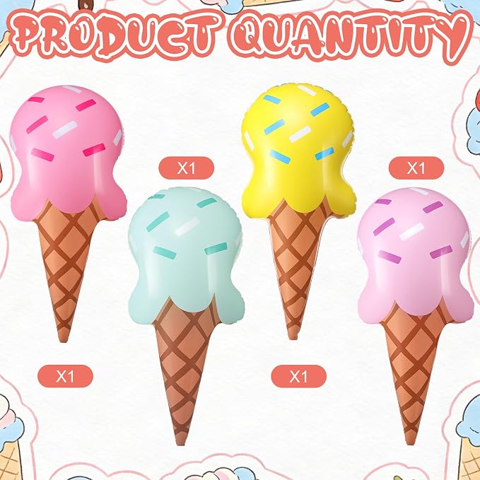 JellyArch 4 Pcs Ice Cream Party Decorations Inflatable 36 Inch Ice Cream Cone Inflatable Pool Floats Blow up Summer Outdoor Beach Sweet Birthday Party Decorations for Swimming Pool Beach