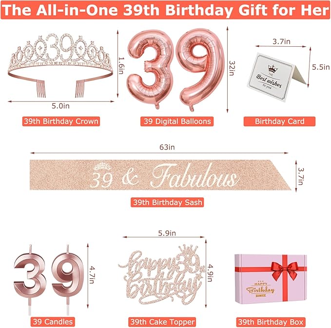 39th Birthday Decorations for Women, Including 39th Birthday Sash and Tiara, Cake Topper and Candles, Number Balloons, 39 Year Old Gifts for Women
