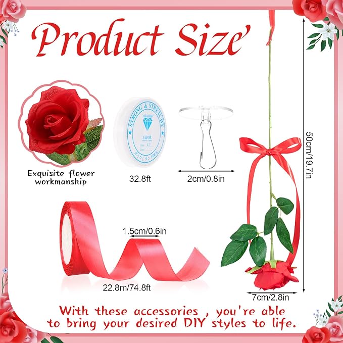 Sliner 25 Pcs Artificial Rose Flowers Hanging Decorations, Dangling Flowers Garland with Hooks Spring Party Decorations Hanging Flower Ceiling Decoration for Wedding Party Spring Home Birthday(Red)
