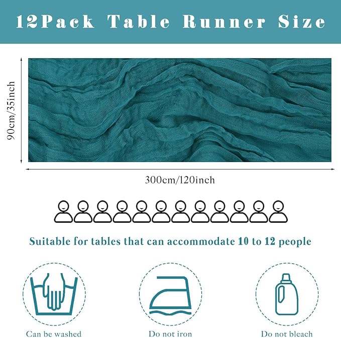Teal 6 Pieces Cheesecloth Table Runner 10FT Runner for Tables Gauze Fabric Boho Table Runner Decoration Rustic Sheer Runner for Wedding Shower Birthday Party Table Arbor Decor (35 x 120 Inches Long)
