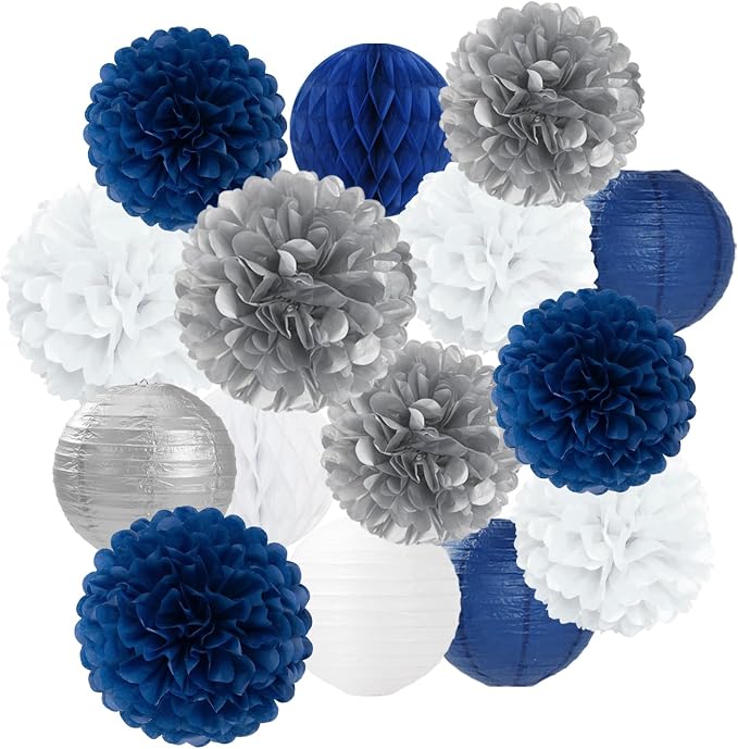 Navy Blue Silver White Paper Flowers Tissue Pom Poms Honeycomb Lanterns 15pcs Royal Party Decorations Graduation Birthday Wedding Baby Bridal Shower Boy Bachelorette Hanging Supplies Mprocherify