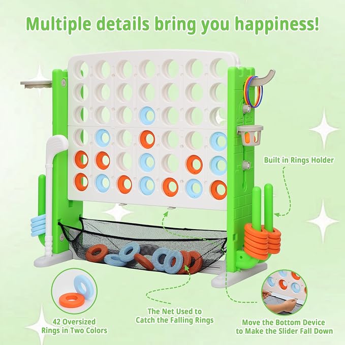 Giant 4-in-A Row Connect Game Set, Height Adjust Jumbo Yard Game for Kids & Adults w/Mesh Catching Bag, Basketball Hoop, Ring Toss & Mini Golf, Family Party 4-to-Score Indoor/Outdoor Games