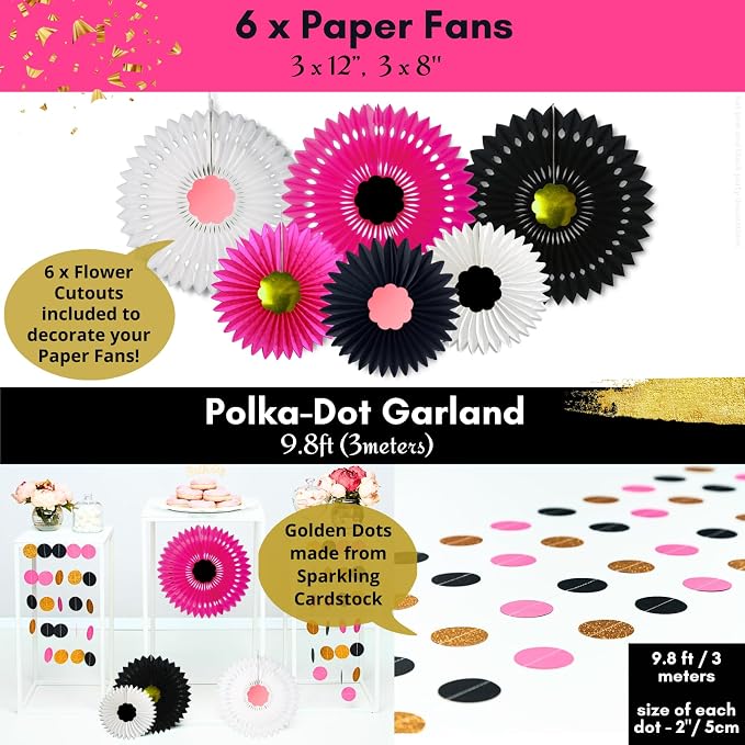 RainMeadow Pink Birthday Decorations for Women, Hot Pink and Black Party Decorations Kit, Happy Birthday Banner, Balloons, Paper Fans, Cake Topper, Sash, Pre-Strung for Girls & 40th 50th Milestones