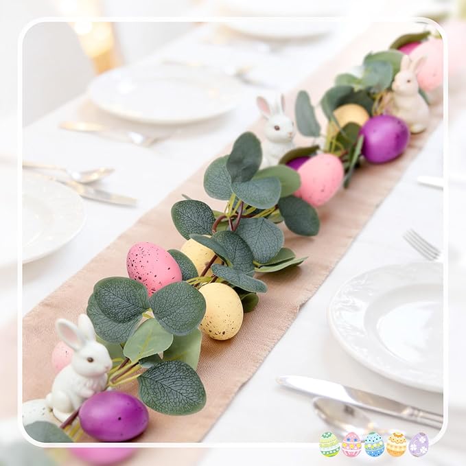 MAKHOT 2PCS 6.6Ft Easter Garland for Mantle Fireplace, Green Vines and Artificial Colored Eggs Garland Easter Decor for Home Indoor