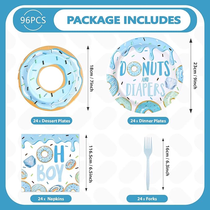 96Pcs Donut Baby Shower Decorations for Boy Blue Donut Party Plates and Napkins Disposable Donuts and Diaper Paper Tableware Set for Boys Donuts Theme Baby Shower Party Supplies, Serves 24
