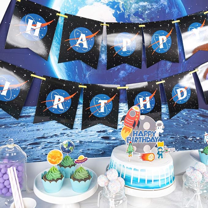 Outer Space Party Supplies, 87Pcs Party Decorations - Rocket Balloons, Solar System Swirl Decorations, Cupcake Toppers, Astronaut Birthday Banner, Backdrops
