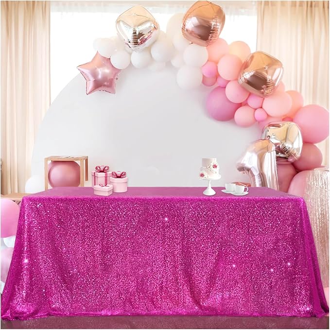 B-COOL Sequin Tablecloth Shimmer Tablecloths 90x132 Inch Rectangle Fuchsia Sequin Table Overlays Thanksgiving Dessert Cake Sparkle Glitz Fabric Indoor Outdoor Party