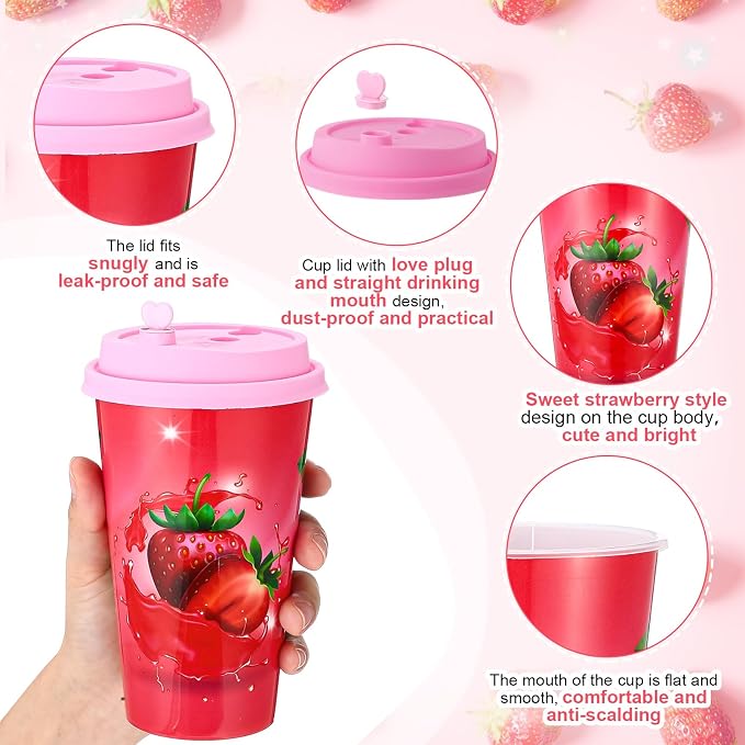 Maxcheck 36 Sets 16 oz Strawberry Party Favors Goodie Cups with Colorful Lids and Straws for Birthday Decorations Reusable Plastic Candy Cups Bulk Plastic Straws for Birthday Party Celebration Gifts