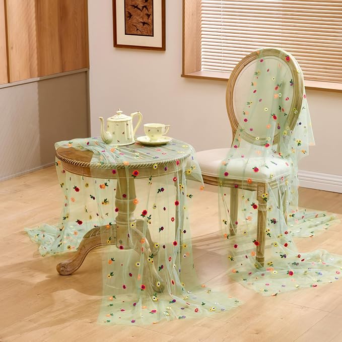 QueenDream 10FT Sage Green Floral Spring Table Runner Embroidery Daisy Gauze Table Runner for Summer Baby Shower Wedding Birthday Party