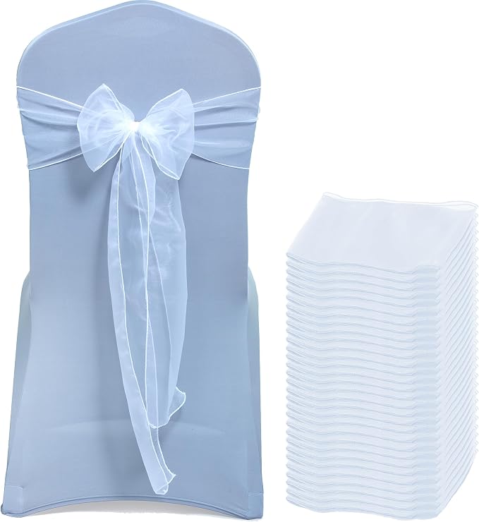 MDS® Pack of 100 Organza Chair Sashes for Wedding Decoration, Reusable Sheer Chair Bows for Banquet Chair Cover, Reception, Bridal Shower, Baby Shower, Birthday Party & Special Events - White