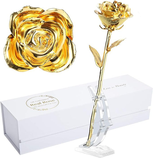 24K Golden Rose, Gold Dipped Rose Made from Real Rose Best Gifts for her and Great Gifts for My Wife, Golden with Stand