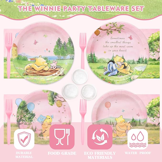 144Pcs Pink Winnie Bear Baby Shower Plates and Napkins Tableware Set, Plates Napkins Cups Straws and Forks Sets, Winnie Baby Shower Decorations Birthday Party Supplies, Serves 24 Guests