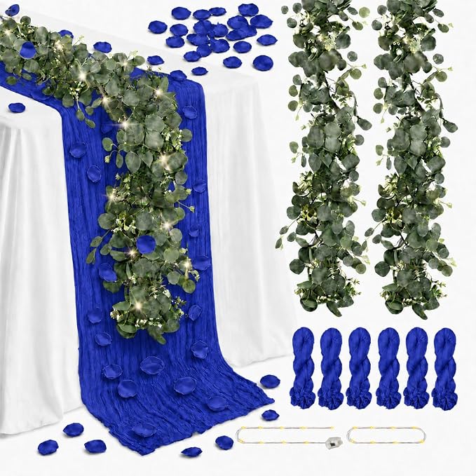 Cinrobiye 11PCS Boho Cheesecloth Table Runner Set with Rose Petals, 120'' Gauze Table Runner, Wrinkled Napkins, Eucalyptus Garland and String Lights for Wedding Baby Shower Tea Party Decorations