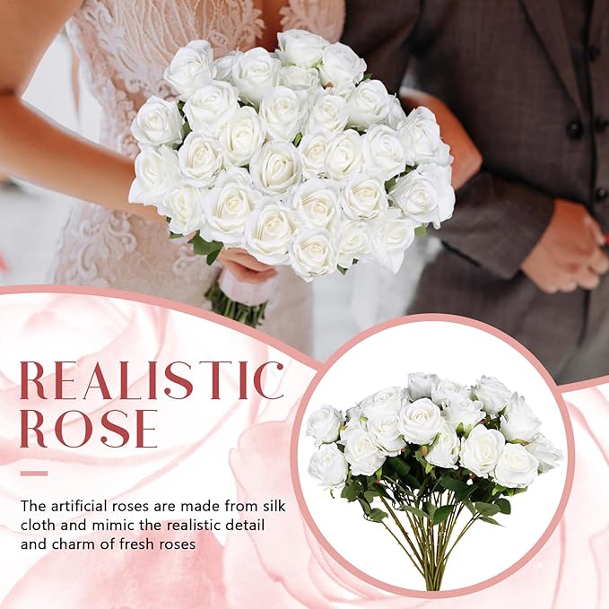 50 Pcs Artificial Silk Roses Flowers Bulk Realistic Long Stem Faux Flower Bouquet for Wedding Centerpieces, Valentine's Day Decor, Home Arrangements, Table Decorations(White)