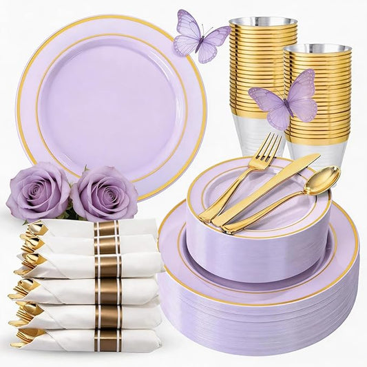WDF Partyware 350PCS Purple Plates Disposable - Purple Plastic Plates 50Guests Lavender Disposable Dinnerware Sets with Rolled Napkins for Wedding/Birthday/Baby Shower/Mother's Day