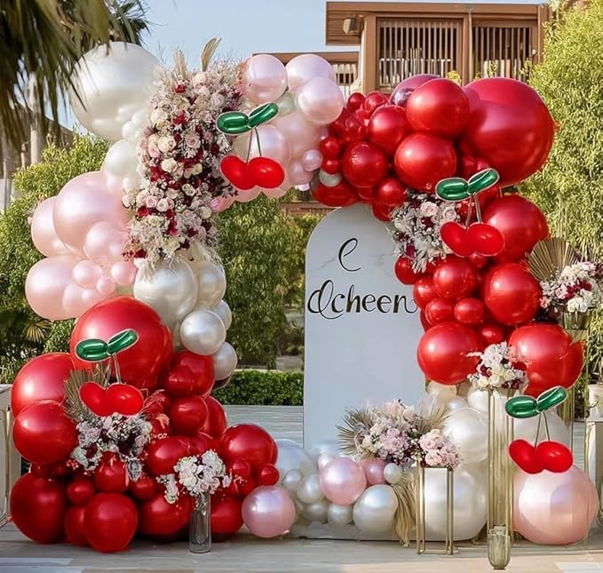 Red Pink Balloon Arch Double Stuffed Latex Pink White Pearl Balloons Red Green Long Balloon Garland for Cheery On Top Baby Shower Birthday Christmas Bridal Shower Garden Berry Party Decoration