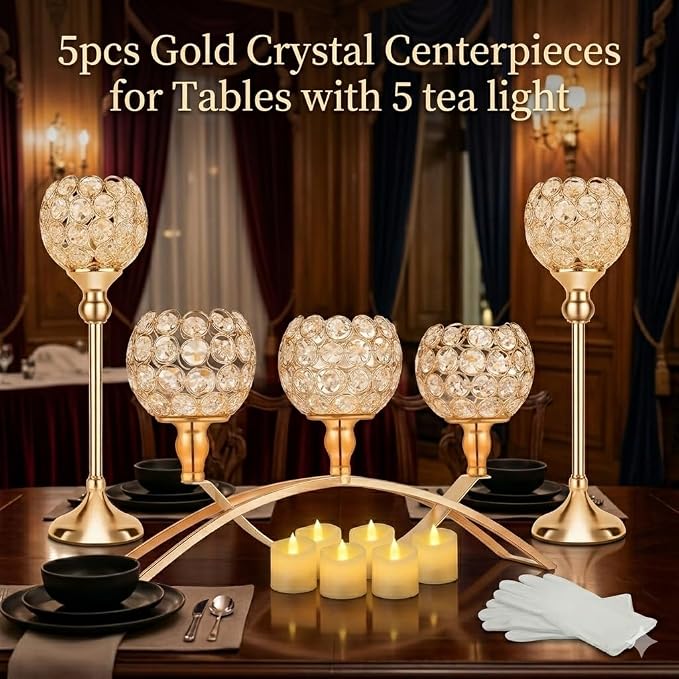 Gold Crystal Tealight Candle Holders Bling Bowl Candelabras 3 Arms Candlesticks Holder with Plastic Candles and Gloves Table Centerpiece Center Pieces Decoration for Wedding Party Anniversary