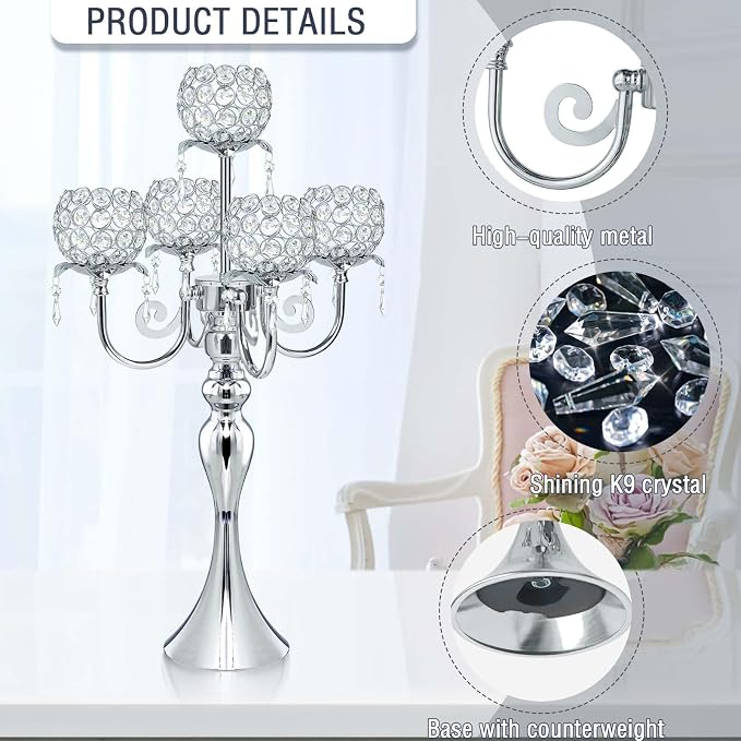 5 Arm Elegant Crystal Candle Holder,Candlestick for Wedding Table Centerpiece, 22 Inch Tall Candle Holder Table Candelabra Event Party Table Centerpiece,Home Decoration. (4, Silver, Round Crystal)