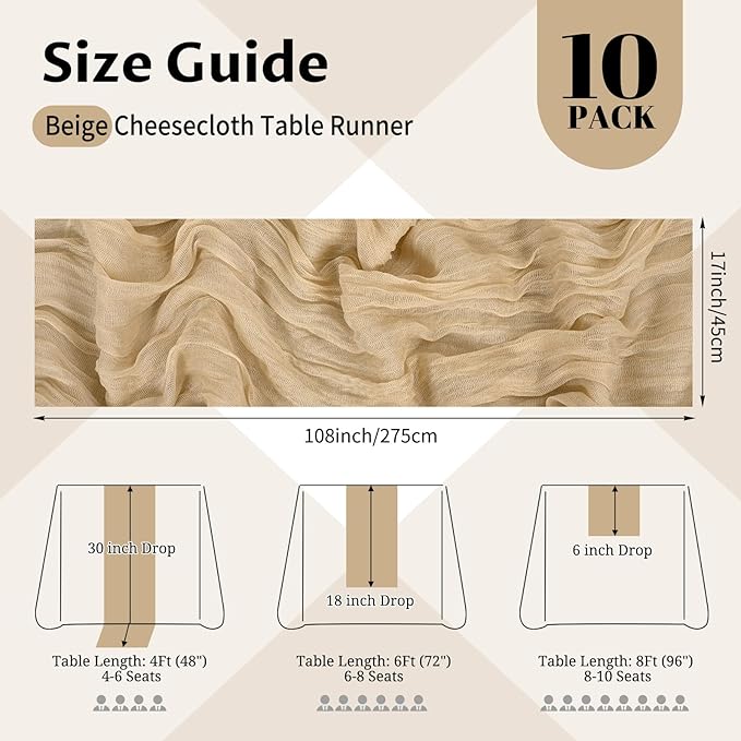 10 Pack Beige Cheesecloth Table Runner 17x108 Inch Semi Sheer Boho Gauze Cheese Cloth Table Runners, for Wedding Bridal Shower Birthday Party Home Decor Garden Farmhouse
