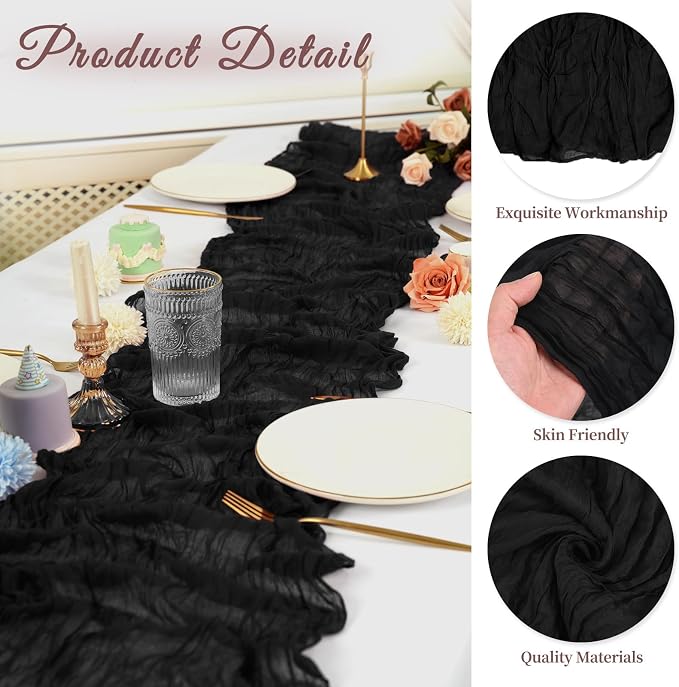 20 Pack Cheesecloth Table Runner 17 x 108 inch Long Boho Gauze Table Runners Semi Sheer Table Runner for Wedding Decor, Baby Shower, Birthday Party, Banquet (Black)