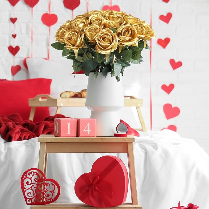 90pcs Silk Roses Artificial Flowers Gold Fake Rose with Long Stem for Arrangement Wedding Party Home Decoration