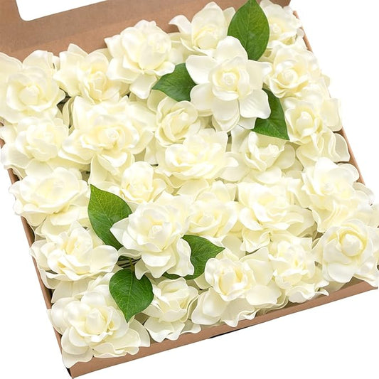 Ling's moment Flowers 25pcs Fake Gardenia Ivory Flowers Artificial Flowers with Stem, Fake Flower for DIY Wedding Decorations Centerpieces Bouquets Boutonnieres（Flores Artificiales para Decoracion）