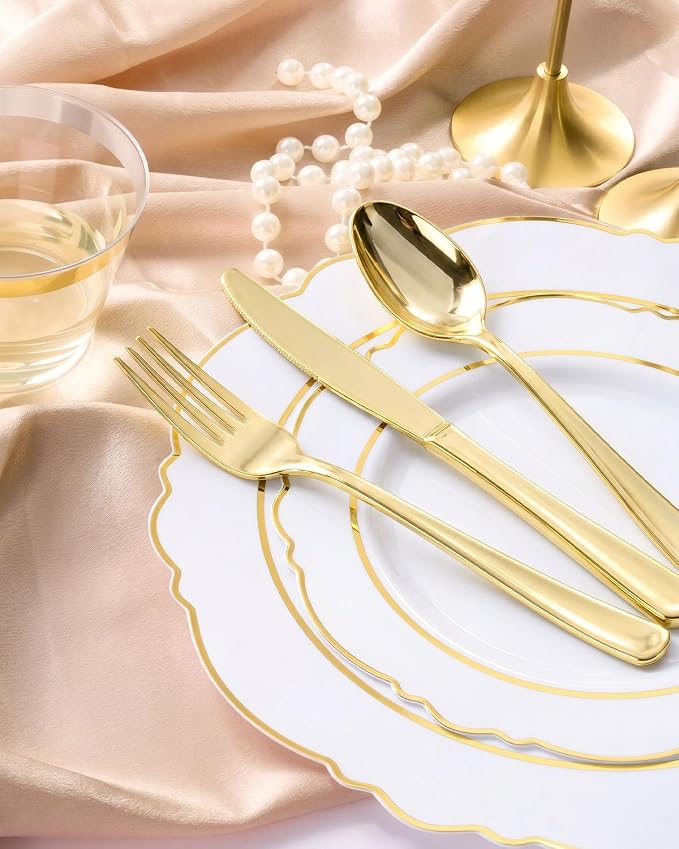 realluck 350 Piece White Gold Plastic Dinnerware Set for 50 Guests Elegant Disposable for Weddings, Parties, 100 Plastic Plates, 50 Pre Rolled Napkins with Silverware, 50 Cups