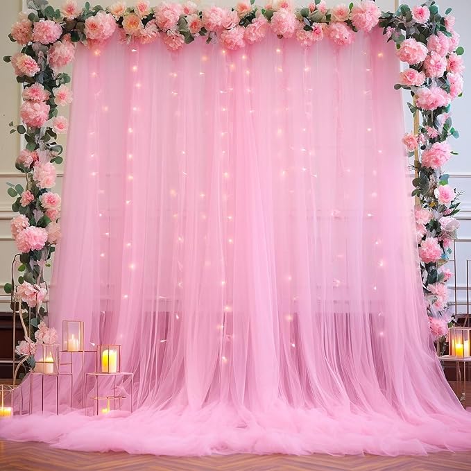 10ft×12ft Pink Tulle Backdrop Curtains with Lights String for Parites Pink Sheer Backdrop Curtains for Baby Shower Girls Birthday Party Wedding Bridal Shower Photo Shoot Background 2 Panels 5×12ft