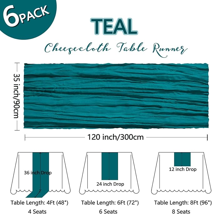 6 Pack Teal Cheesecloth Table Runner 10Ft Gauze Cheese Cloth Table Runner 35x120 Inch Boho Sheer Rustic Fabric Runner for Party Decor Baby Shower Wedding Holiday Decorations