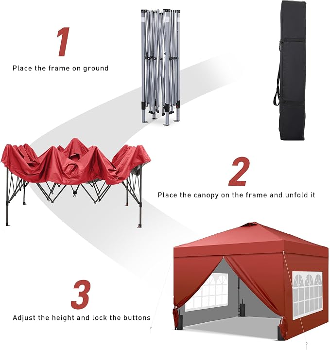 GDY 10x10 Pop Up Canopy Tent with 4 Sidewalls, Easy Set up, Outdoor Silver Coated Beach Gazebos, Carpas with 4 Sandbags, for Pool, Events, Parties, and Camping, Red.