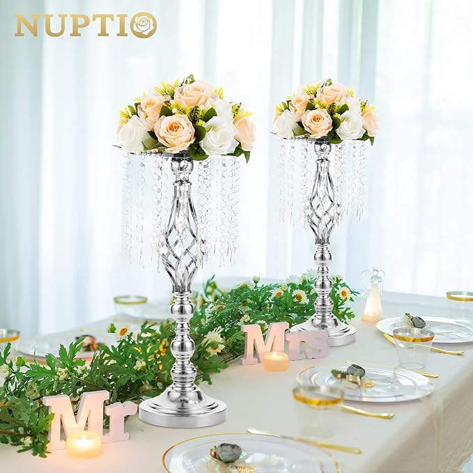 2 Pcs 19.3 inches Tall Crystal Flower Stand Wedding Road Lead Tall Flower Holders Centerpiece Crystal Flower Chandelier Metal Flower Vase for Reception Tables Wedding Supplies