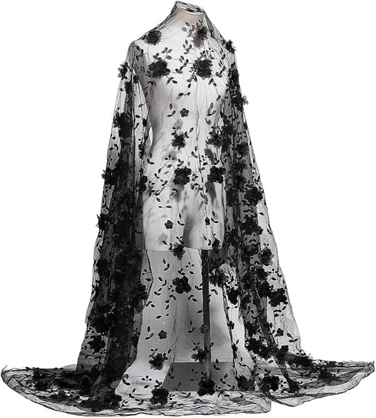NBEADS 1.7-2yards Embroidered Flower Fabric, 51-55inch Wide 3D Flower Organza Lace Floral Mesh Embroidery Fabric for Sewing DIY Custom Clothes Party Dress Home Decoration, Black
