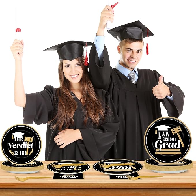 96PCS Law School Graduation Party Supplies Lawyer Congrats Grad Paper Plates and Napkins Black and Gold Congratulate Disposable Dessert Tableware for Class of 2026 Graduation Decor for 24 Guests