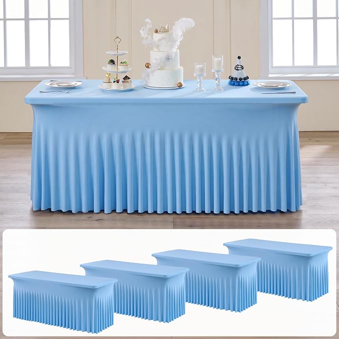 4 pk Baby Blue Spandex Tablecloth 6ft with Ruffle Skirt, Wrinkle Free High Stretch Fitted Tablecloths for 6 Foot Rectangle Tables, Blue Eastic Spandex Table Covers 6ft for Parties Banquet Weddings